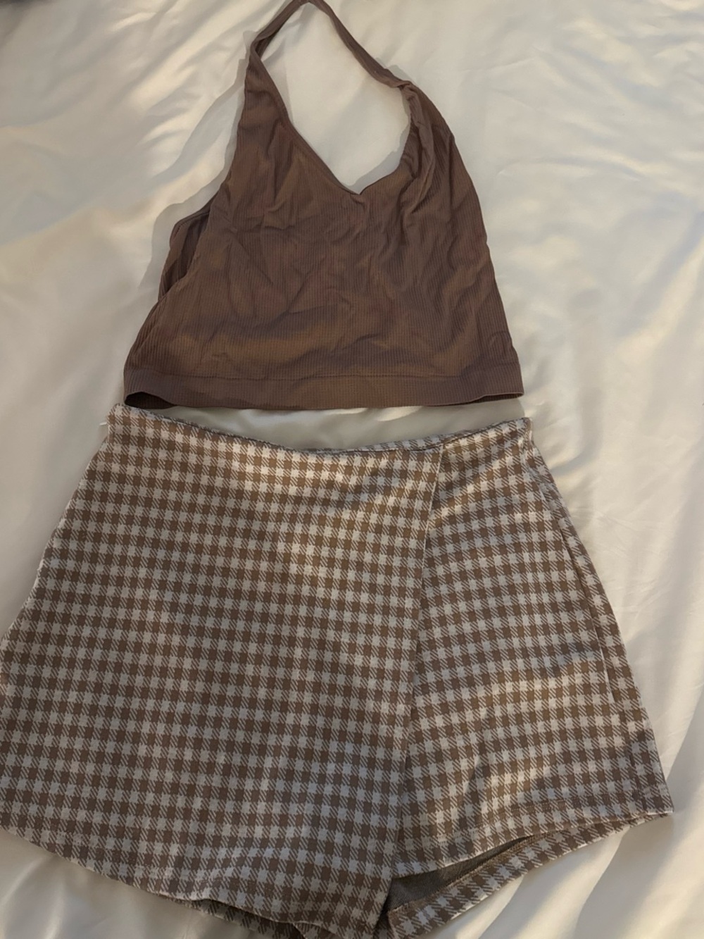 Brown Halter Crop Top & Brown Gingham Shorts Set